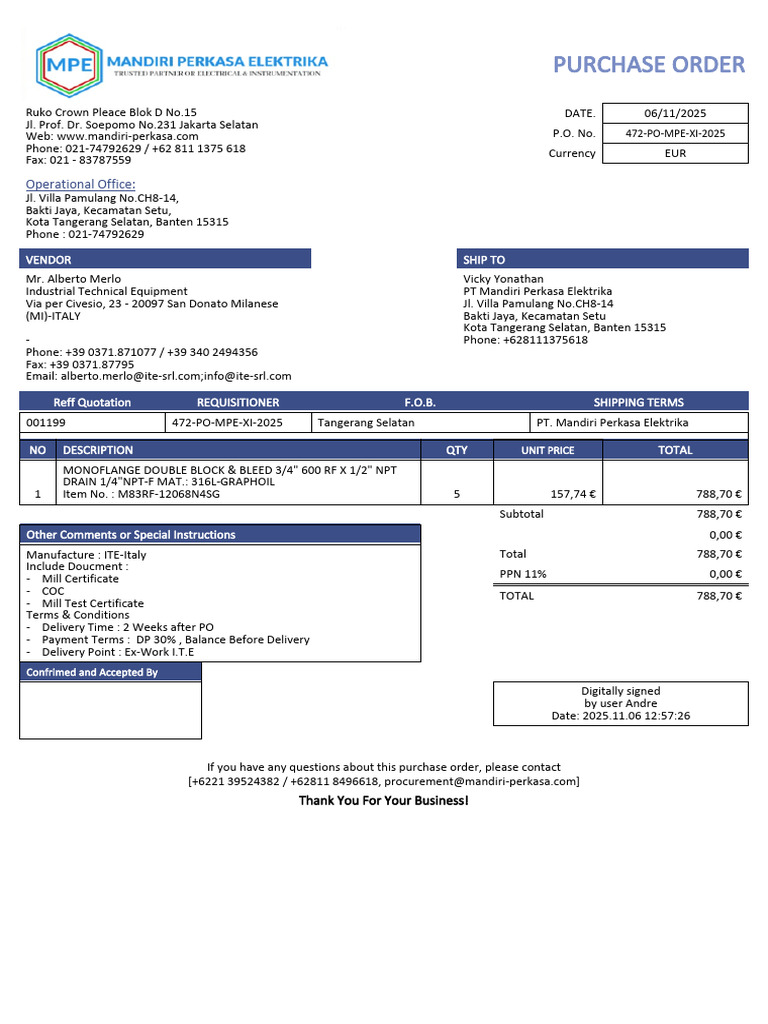 Purchase Order for Industrial Equipment | PDF
