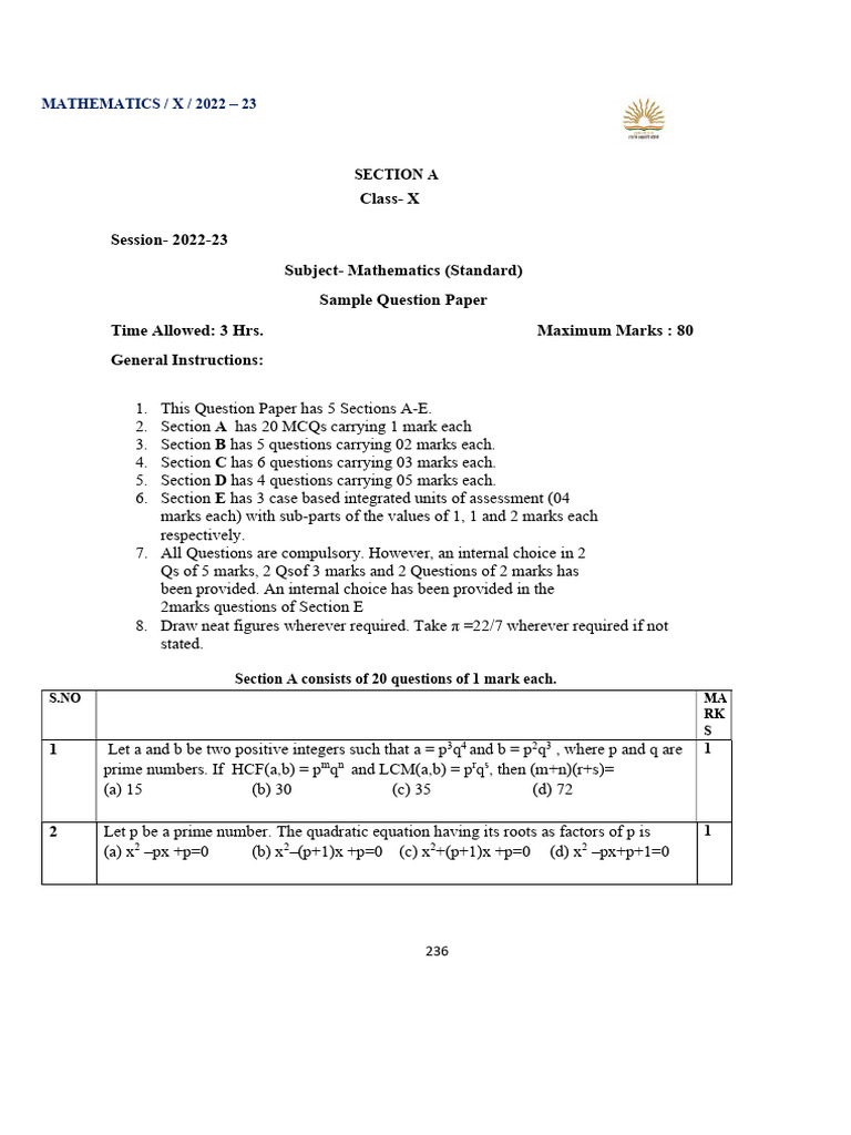 Class X Mathematics Sample Paper 2022-23 | PDF | Sphere | Circle