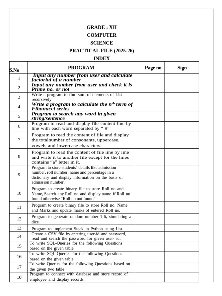 Computer Science Practical Programs XII | PDF | Computer Program ...
