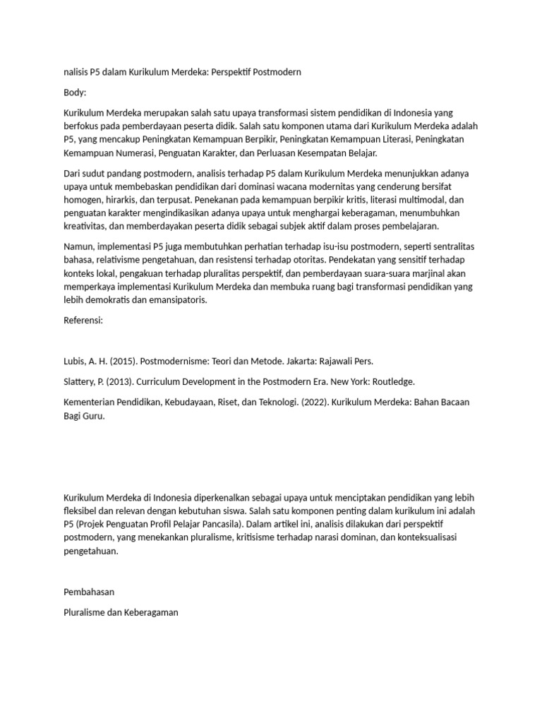 Analisis P5 Kurikulum Merdeka Postmodern | PDF