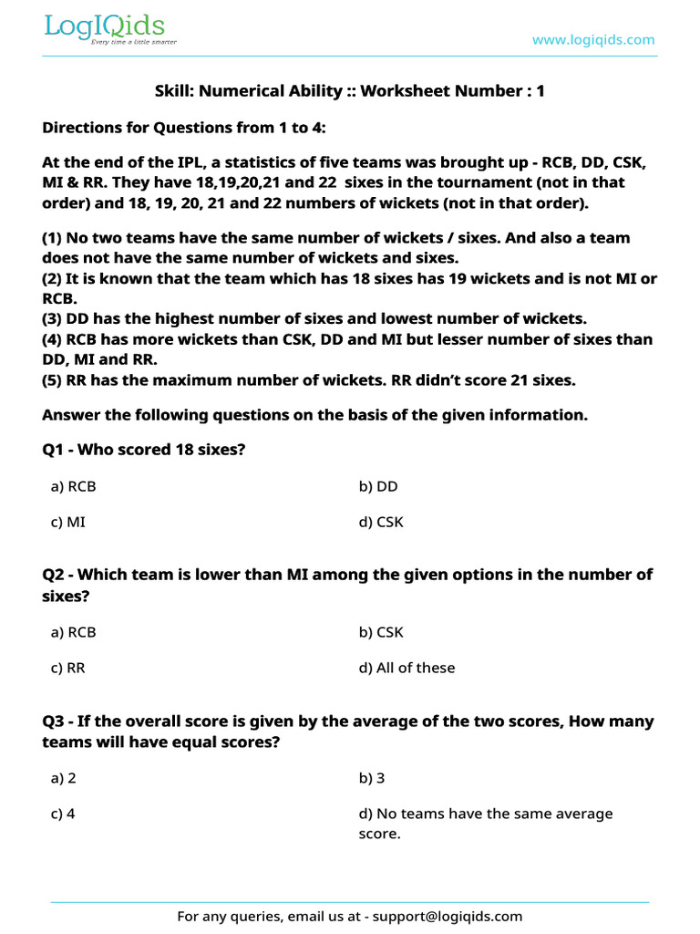 Skill: Numerical Ability:: Worksheet Number: 1 Skill: Numerical Ability ...