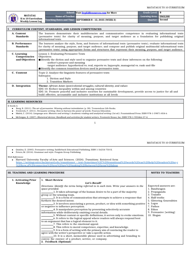 DLL Matatag - English 8 q2 w3 | PDF | Jargon | Curriculum