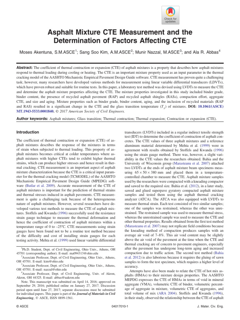 (Q2) Asphalt Mixture CTE Measurement and The Determination of Factors ...