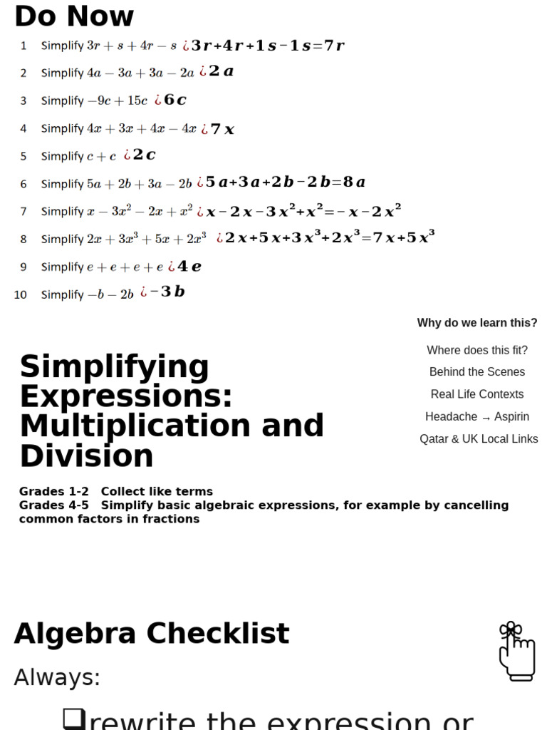 Simplifying Algebraic Expressions Guide | PDF | Multiplication ...