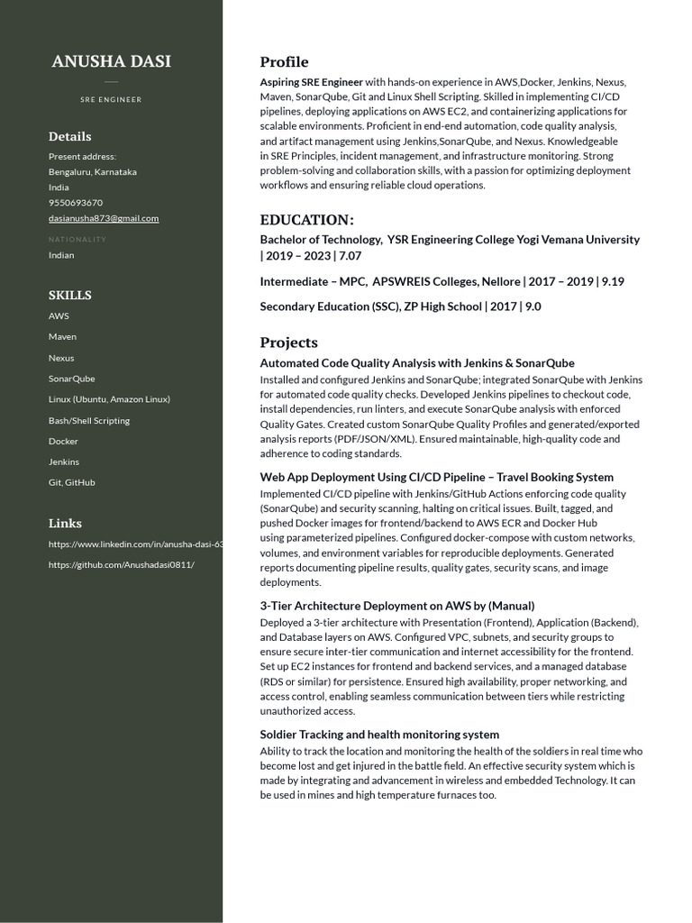 Aspiring SRE Engineer Resume | PDF | Amazon Web Services | Computing