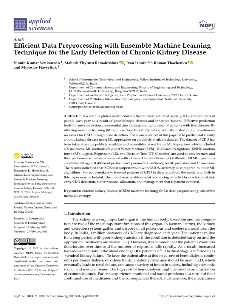 Applsci 13 02885 v2 | PDF | Chronic Kidney Disease | Machine Learning