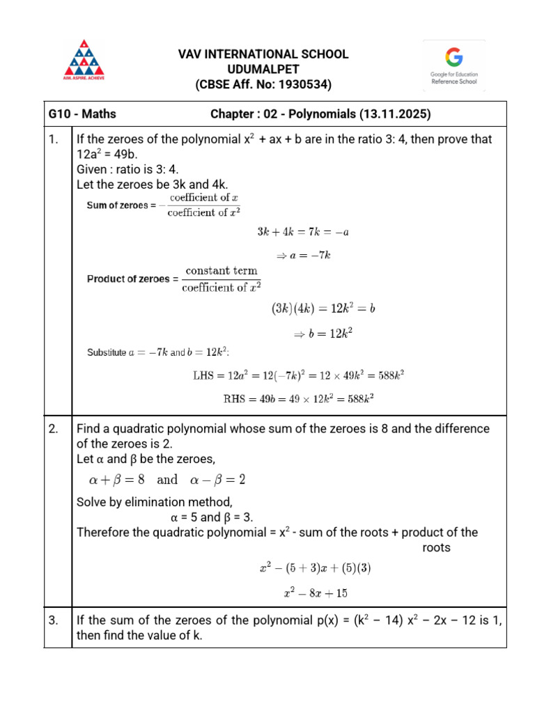 G10 Practice Sheet CH 2 Polynomials | PDF