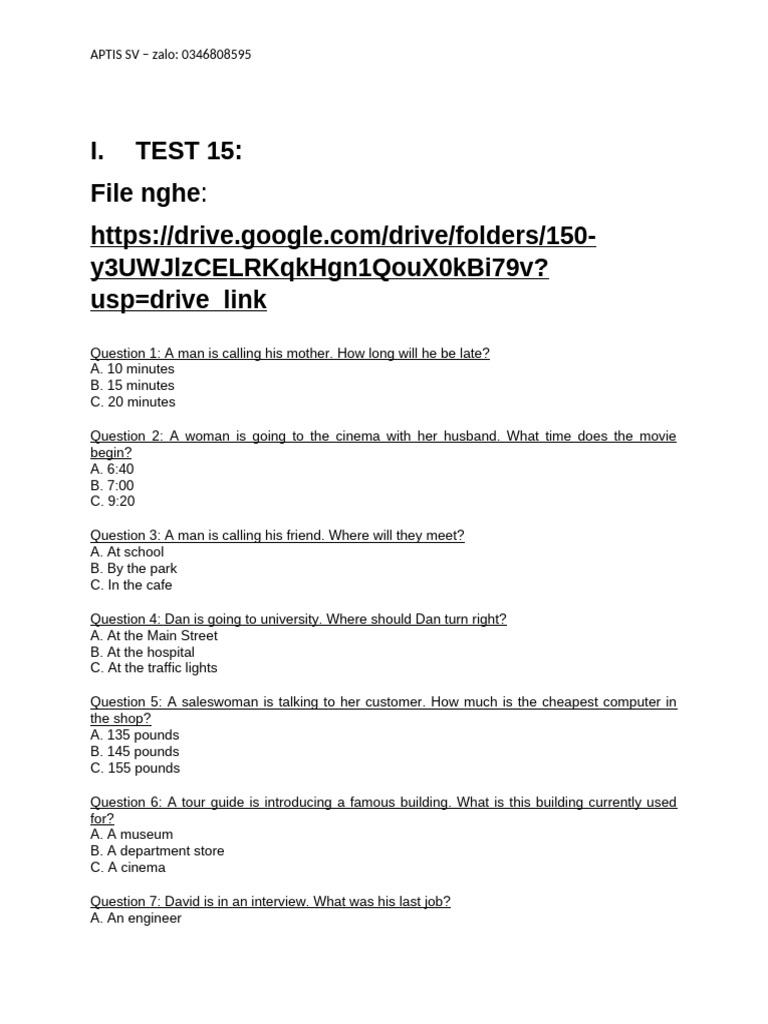Listening - Test 3 - Aptis SV | PDF | Singing