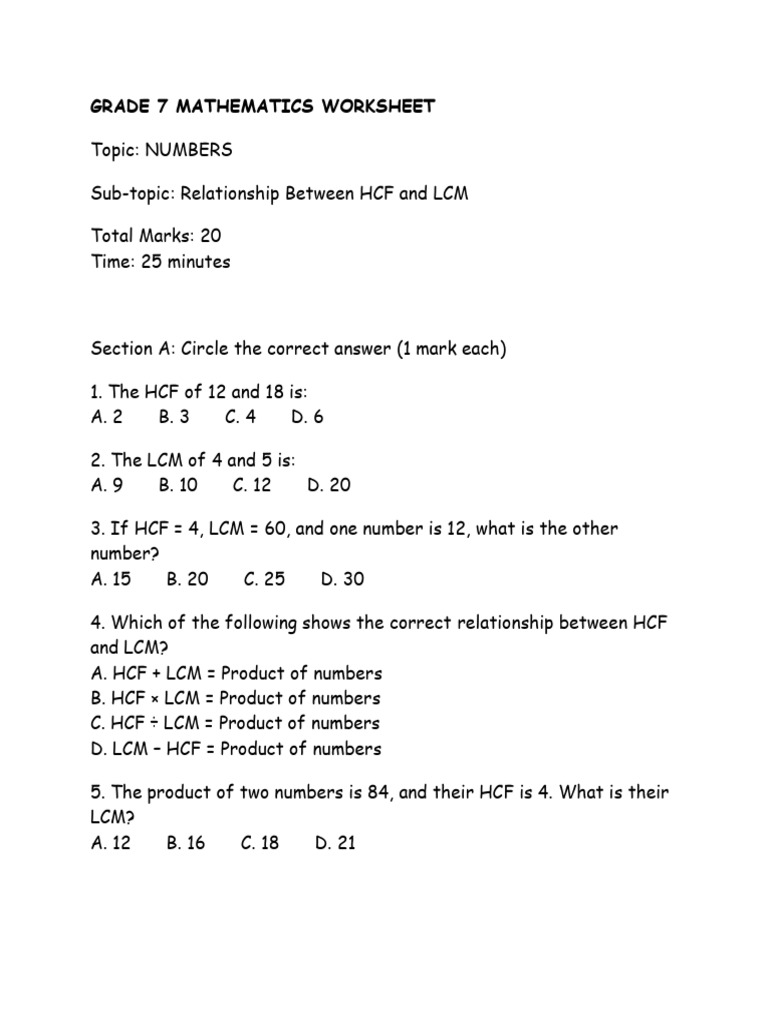 HCF and LCM Worksheet for Grade 7 | PDF