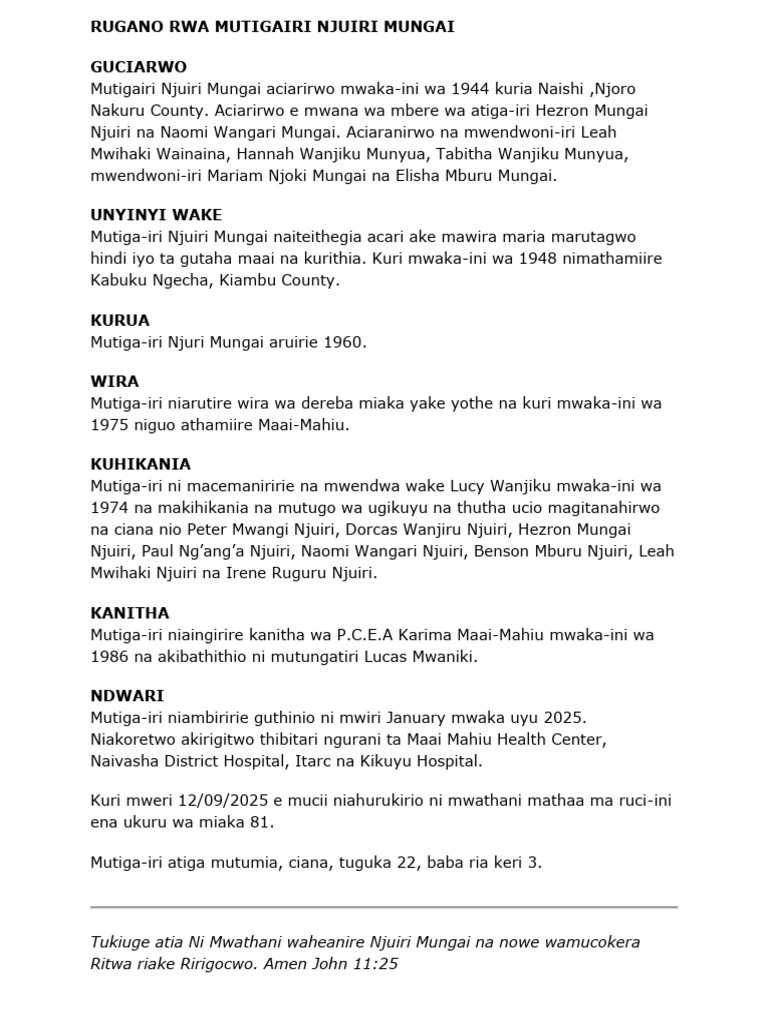 Rugano Rwa Mutigairi Njuuri Mungai | PDF