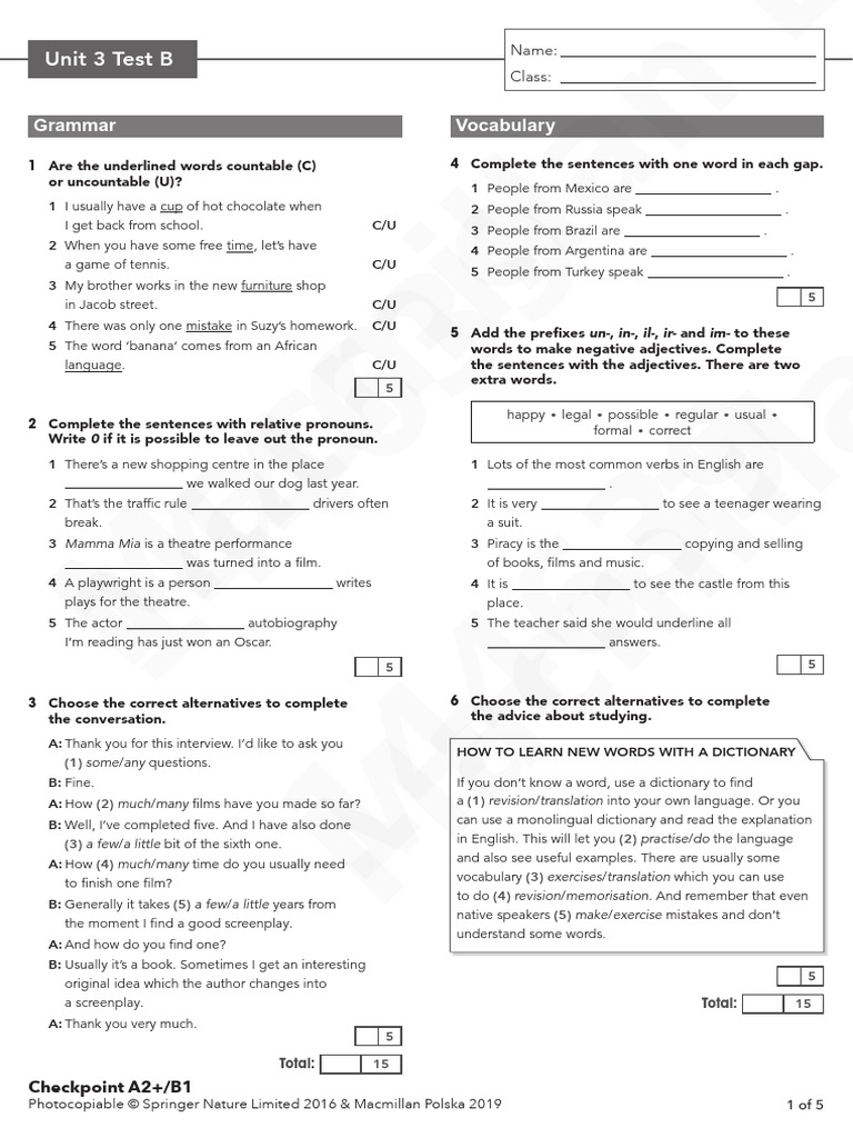 A2 Unit 3 Test B Overview | PDF | English Language | Linguistics