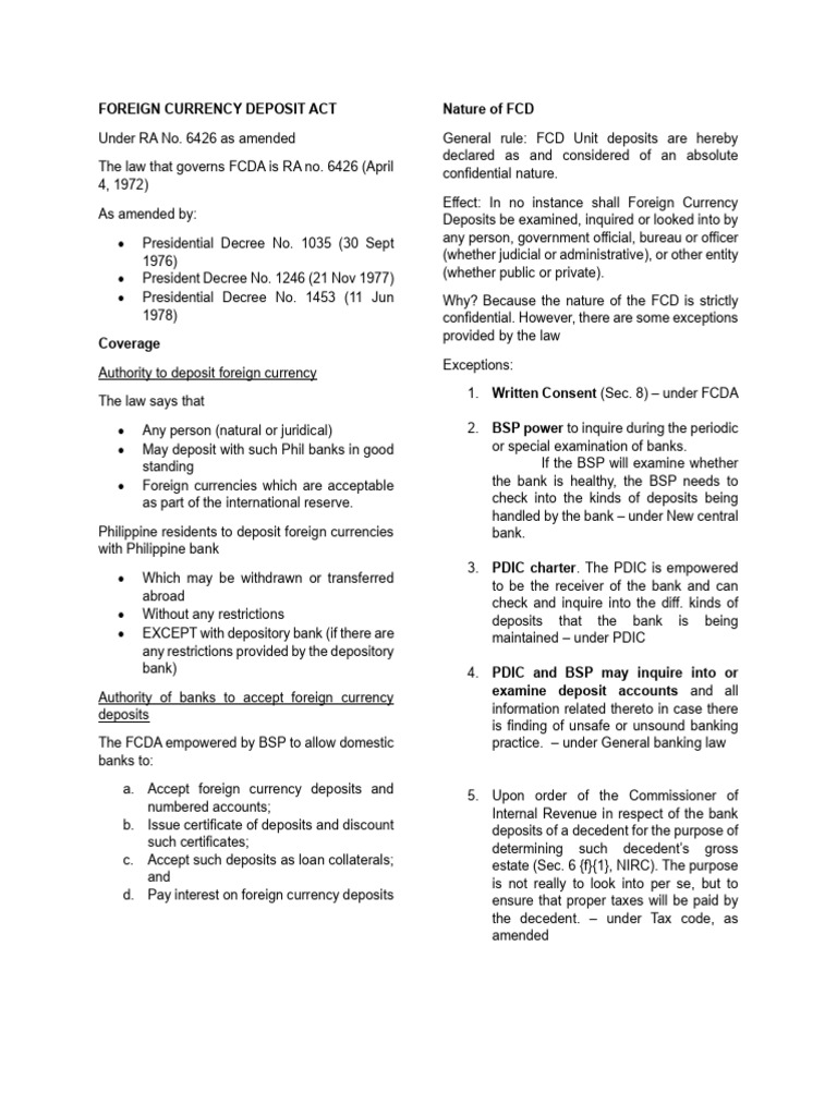 Foreign Currency Deposit Act Notes | PDF | Banks | United States Dollar