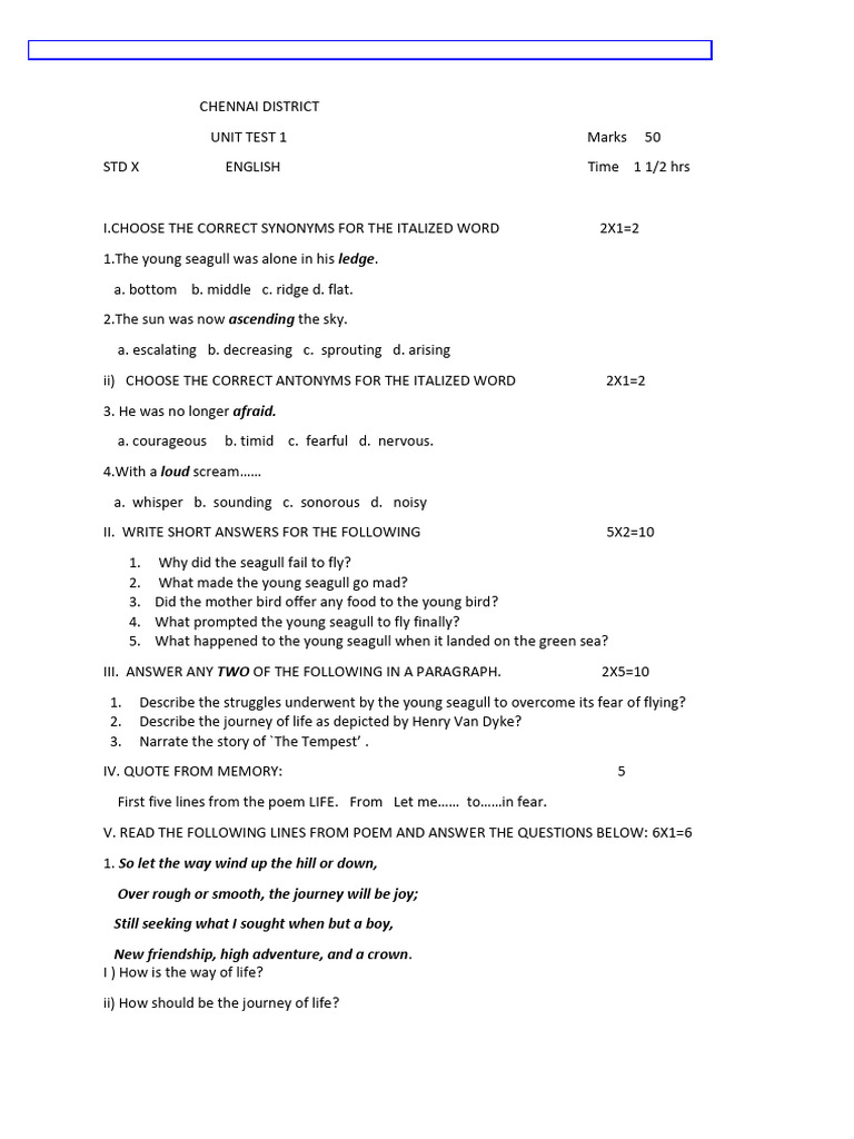 10 TH English Unit Test July 2021 - Chennai District - Kalviexpress | PDF