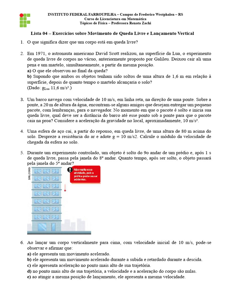 Exercícios sobre Queda Livre e Lançamento | PDF | Trajetória | Física