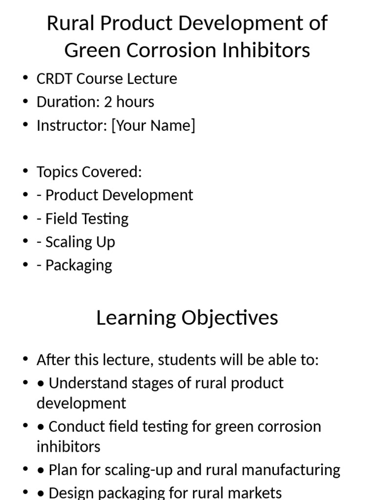 Rural Product Development Green Inhibitors Lecture | PDF | Corrosion