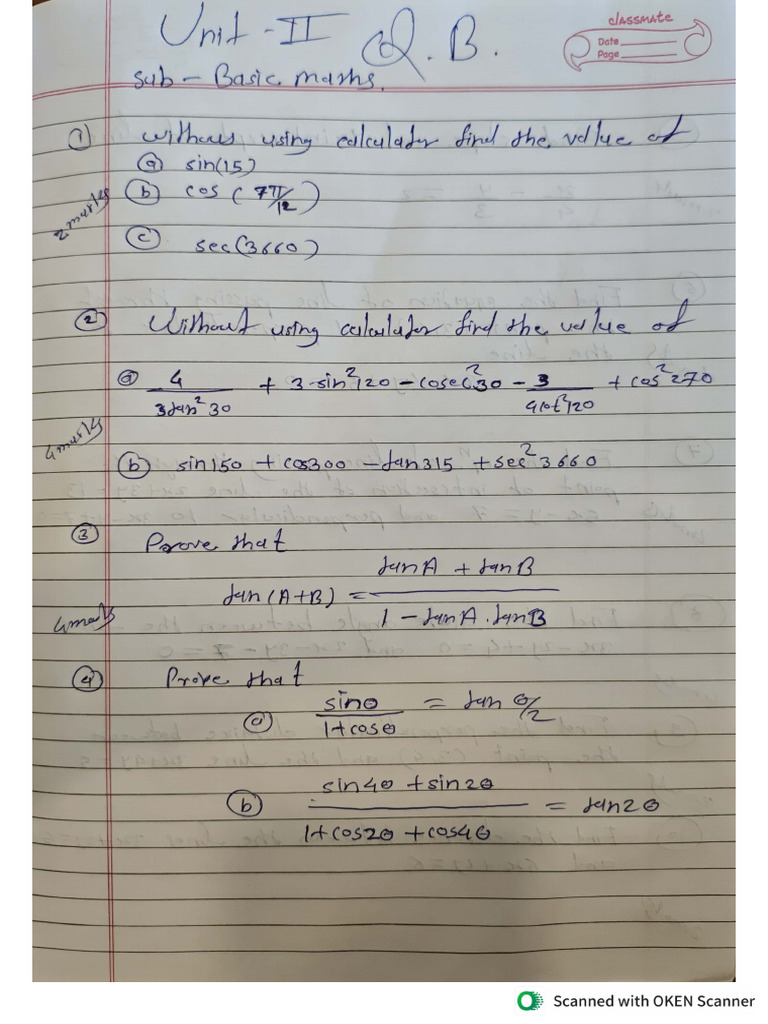 Maths UT 2 QB | PDF