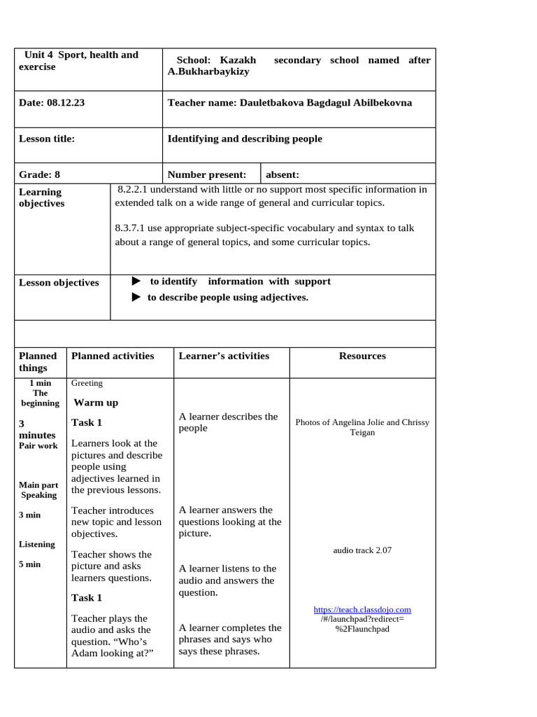 Lesson Plan: Describing People in English | PDF | Human Communication ...
