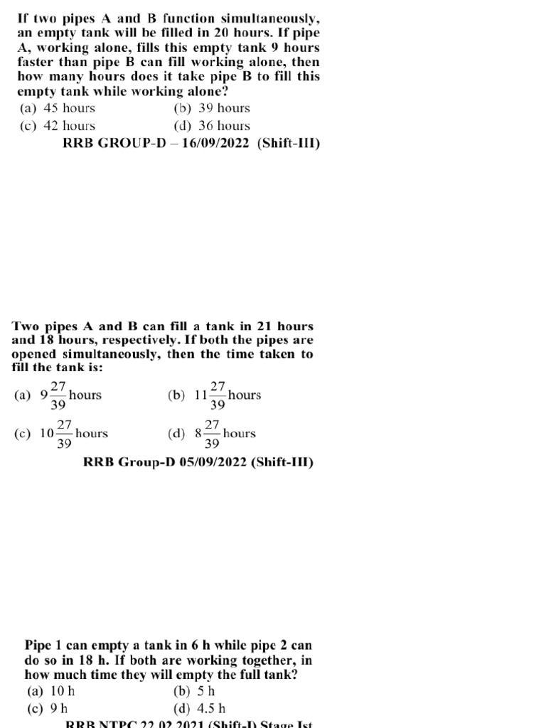 Pipe and Cistern RRB Pyq | PDF