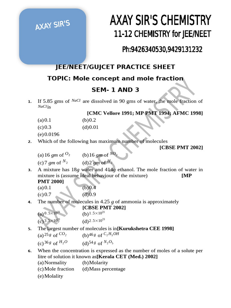 Mole Concept Practice for JEE/NEET | PDF | Concentration | Mole (Unit)