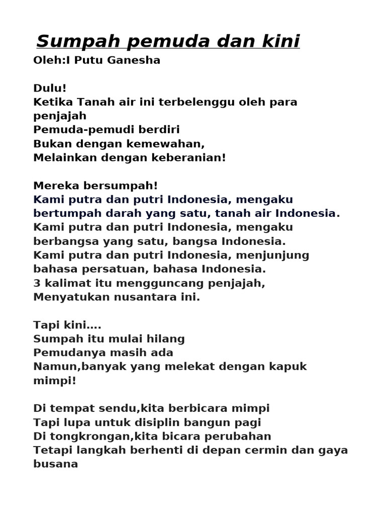 Teks Puisi Sumpah Pemuda Dan Kini | PDF
