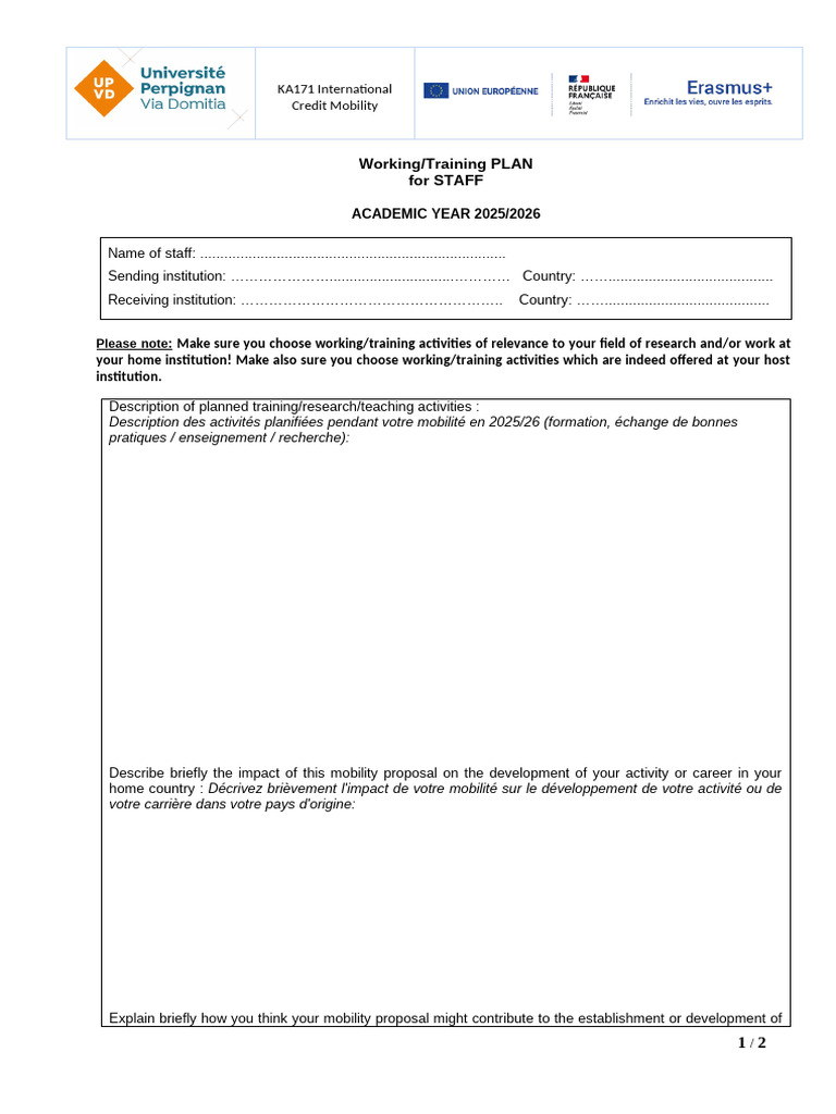 KA171 Staff Mobility Training Plan 2025 | PDF