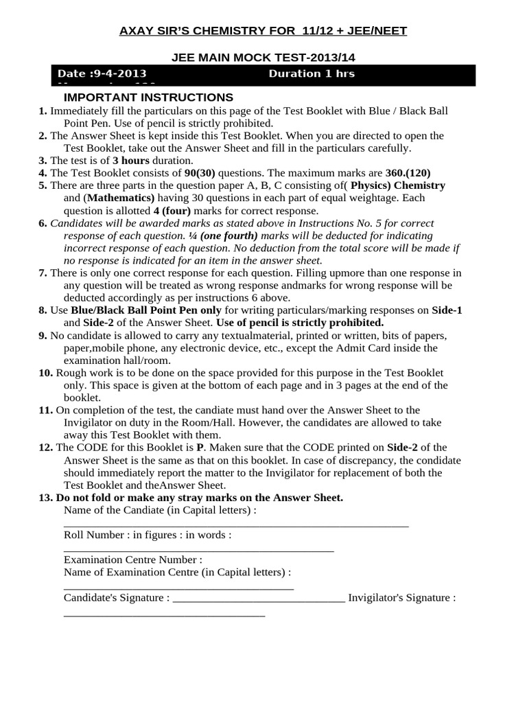 JEE/NEET Chemistry Mock Test 2013/14 | PDF | Crystal Structure | Mole ...