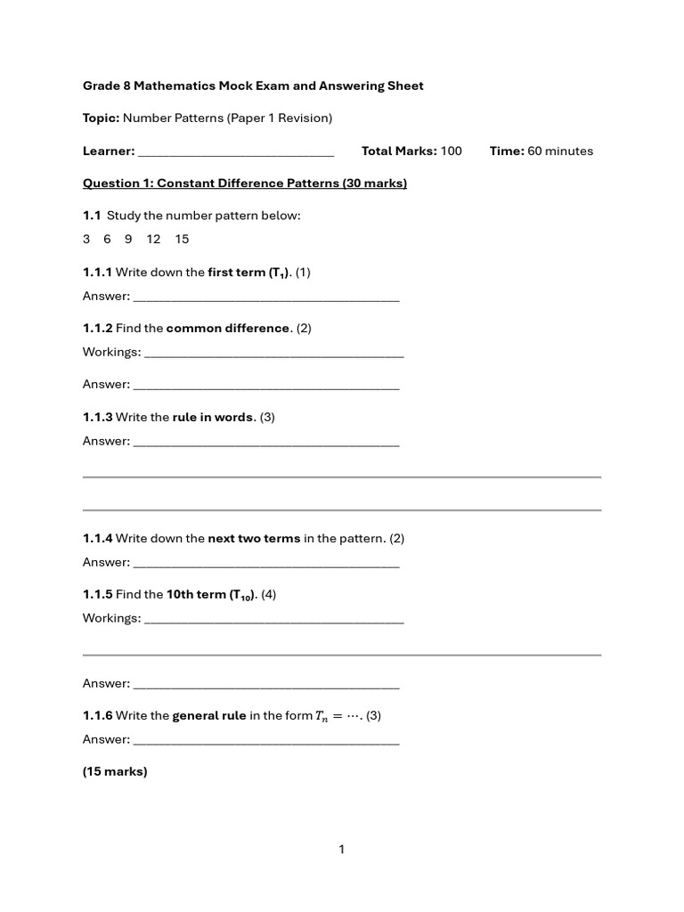 Grade 8 Math Mock Exam: Number Patterns | PDF | Number Theory | Mathematics