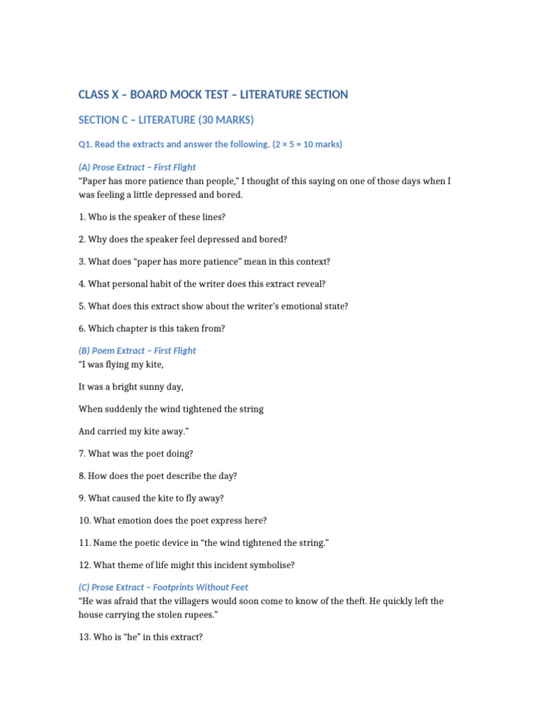 Class X Literature Mock Test Guide | PDF