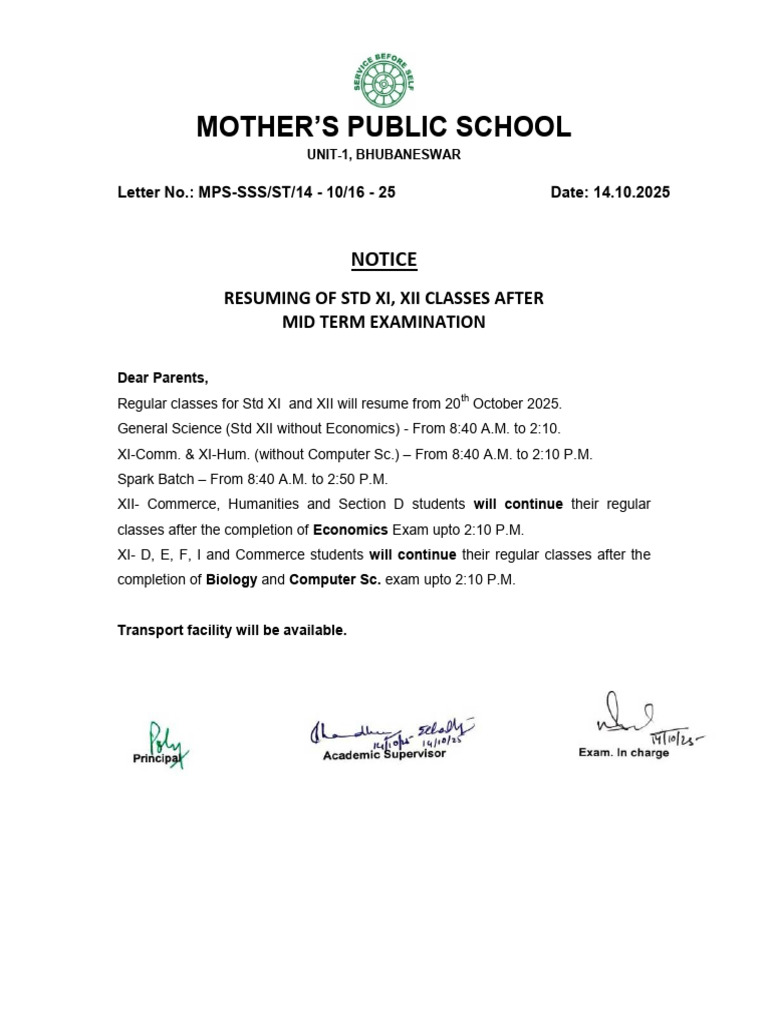 Notice - (Resumption of Classes - Xi, Xii) | PDF