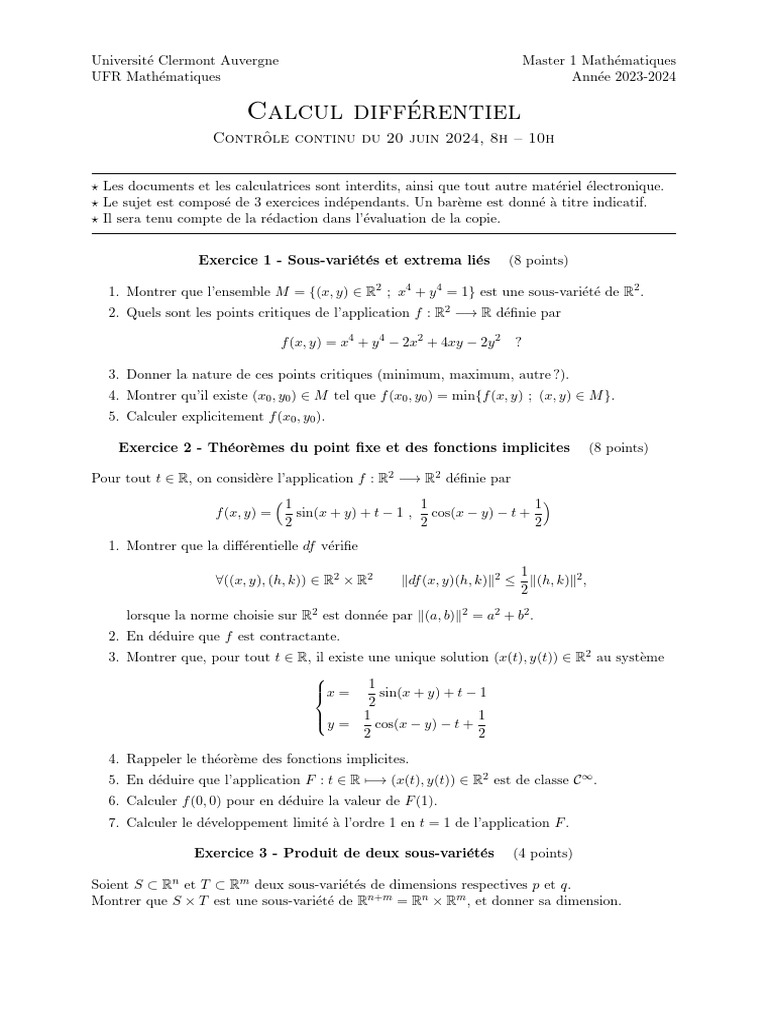 Contrôle Continu de Calcul Différentiel 2024 | PDF | Physique ...