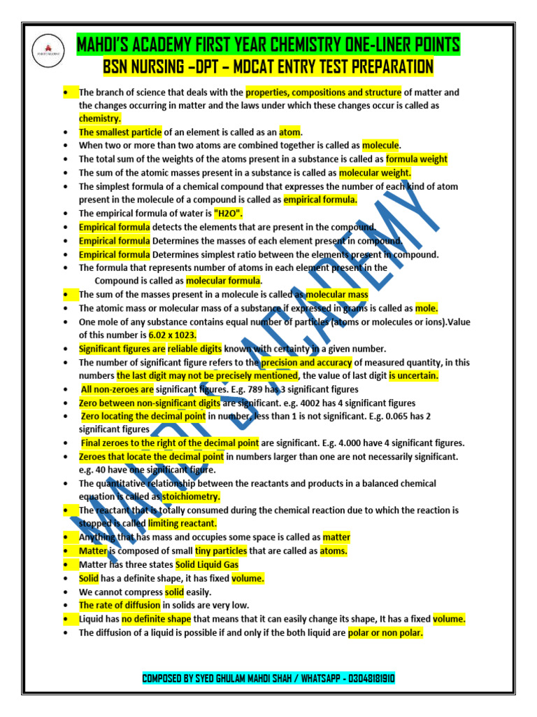 All Books Highlighted Notes - Mahdi's Academy | PDF | Gases | Chemical Bond