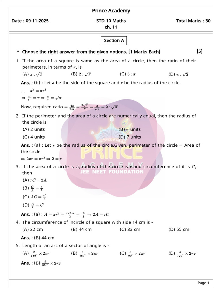 10math Solution | PDF | Area | Circle