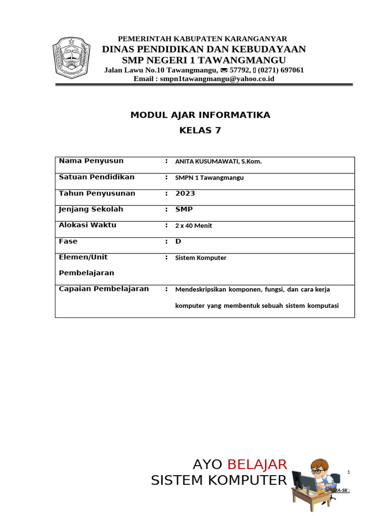 Modul Ajar Sistem Komputer Kelas 7 | PDF