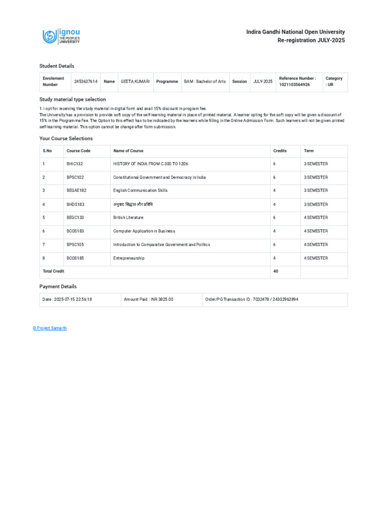 Student Details: Enrolement Number Name Programme Session Reference ...
