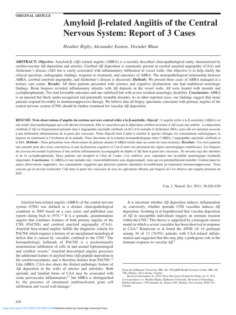 Amyloid B Related Angiitis of The Central Nervous System Report of 3 ...