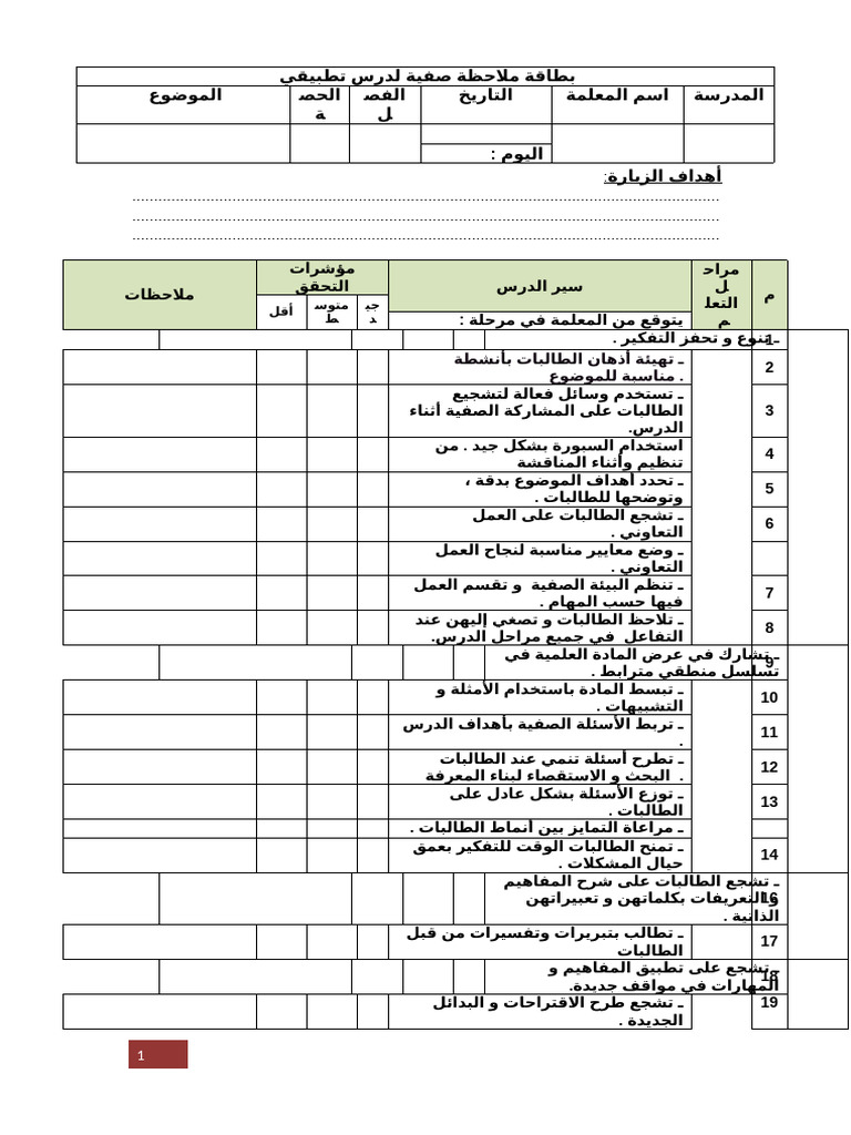 استمارة ملاحظة درس تطبيقي | PDF