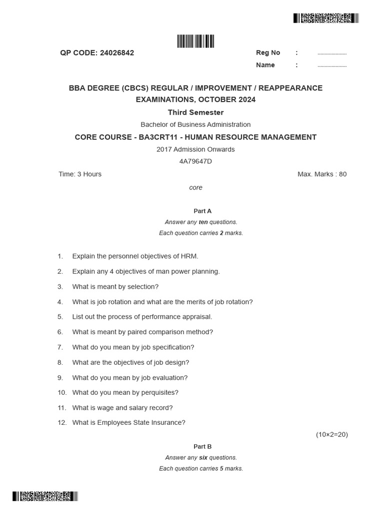 BBA HRM Exam Questions October 2024 | PDF | Human Resource Management ...