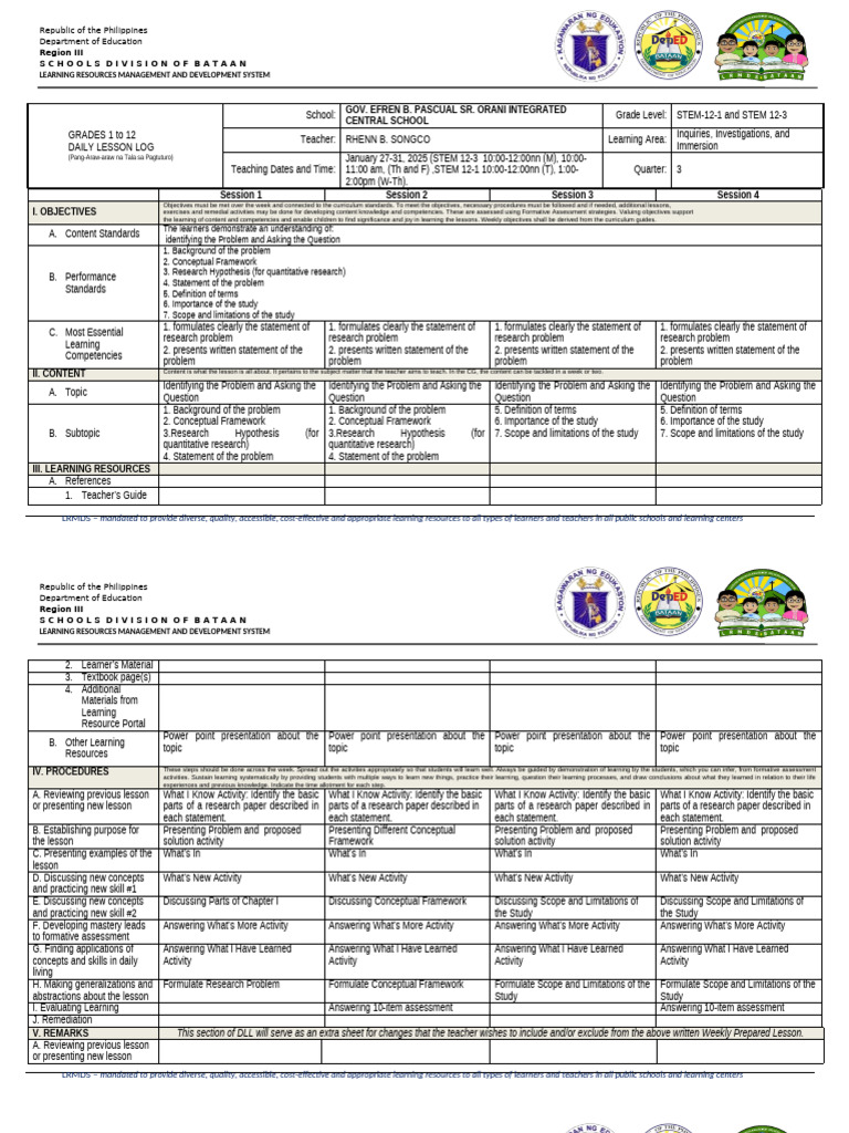 Daily Lesson Log for STEM Grades 12 | PDF | Educational Assessment ...