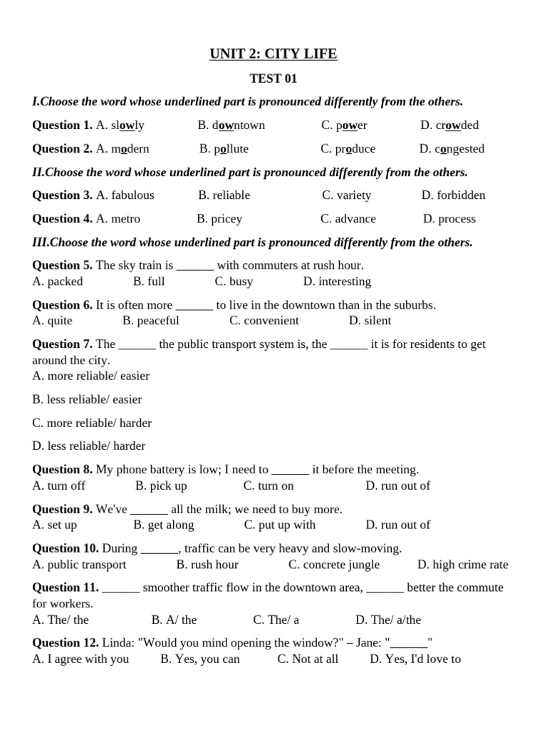 City Life Test: Vocabulary & Comprehension | PDF | Cost Of Living ...