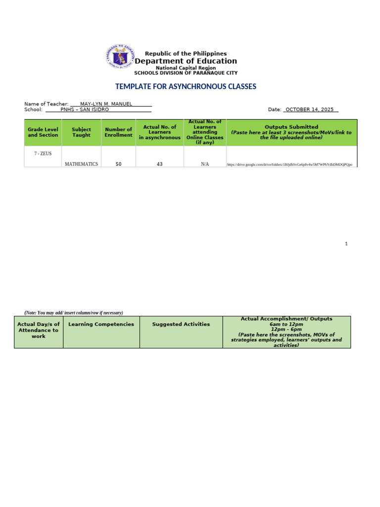 Math7 Oct 14 Asynchronous Activity | PDF | Pedagogy | Behavior Modification