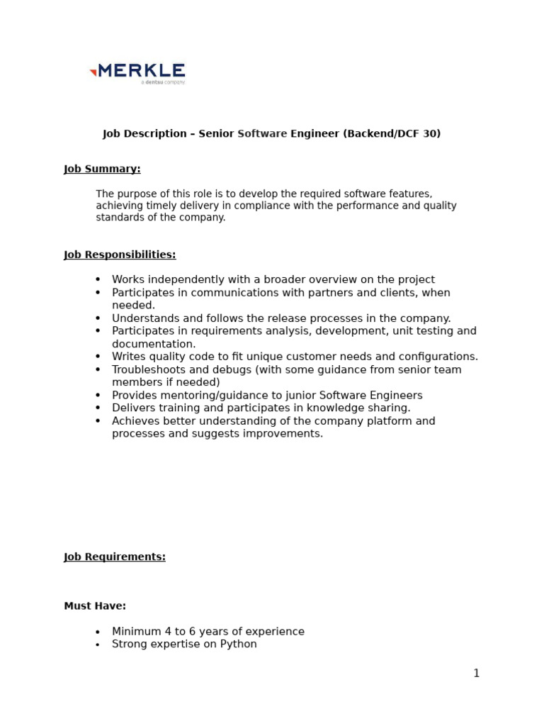 Senior Backend Software Engineer Job Description | PDF