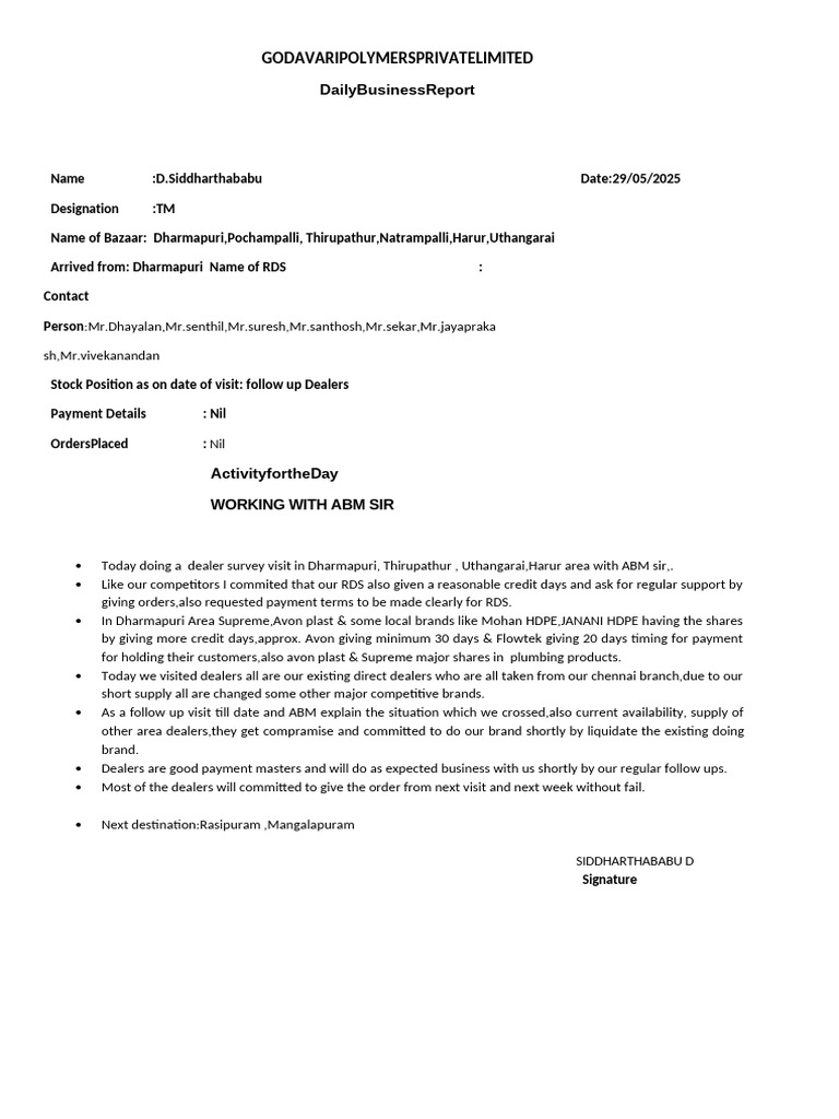 DBR of Siddharth 29.05.25 | PDF