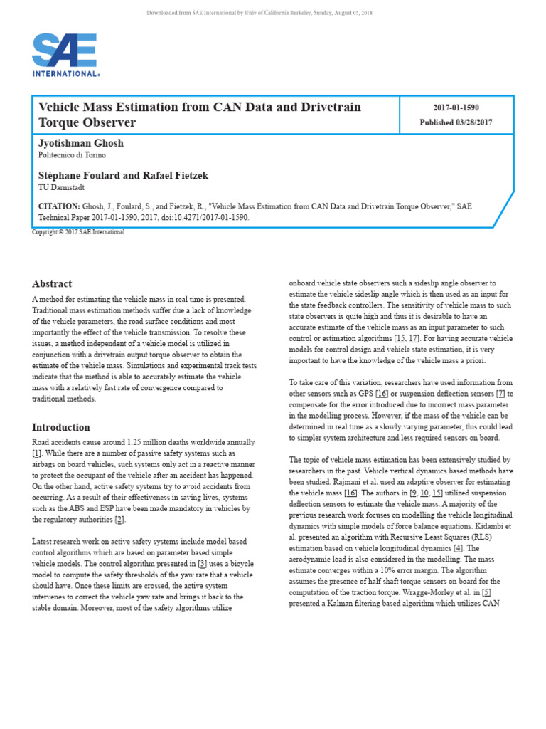 Vehicle Mass Estimation From CAN Data and Drivetrain Torque Observer ...