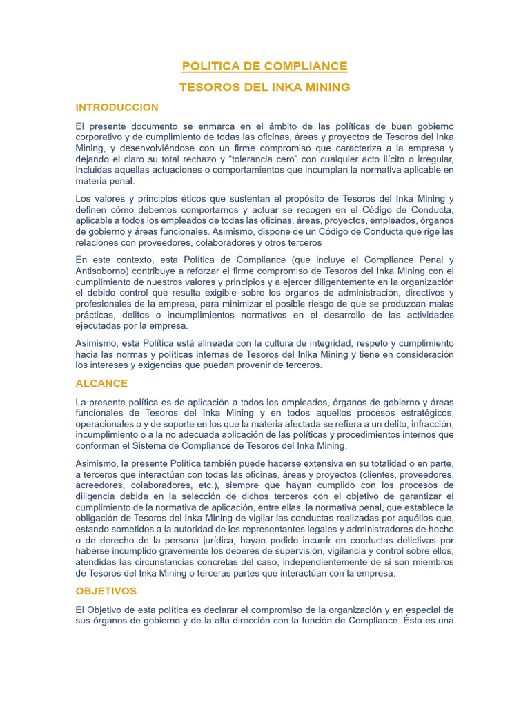 Política de Compliance en Tesoros del Inka | PDF | Cumplimiento ...