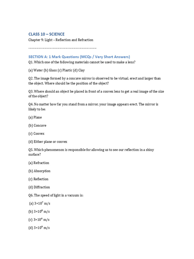 Class 10 Science: Light Reflection & Refraction | PDF | Mirror | Optics