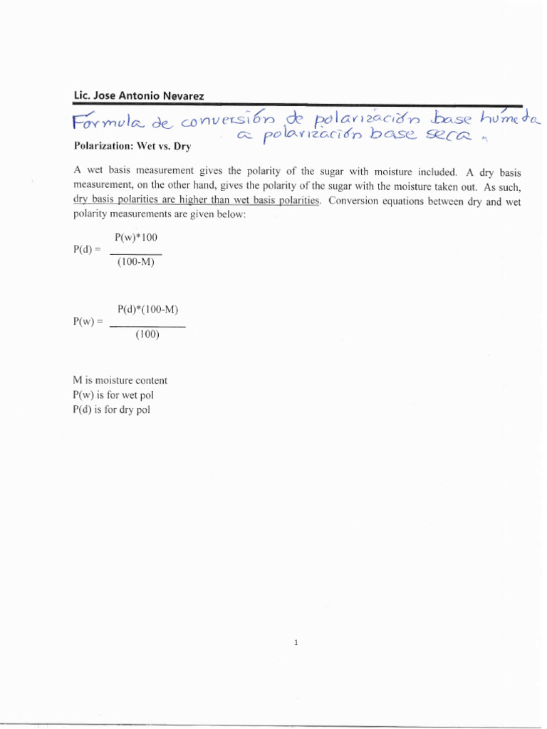 FORMULA CONVERSION-1 de Pol Base Humeda A Base Seca | PDF