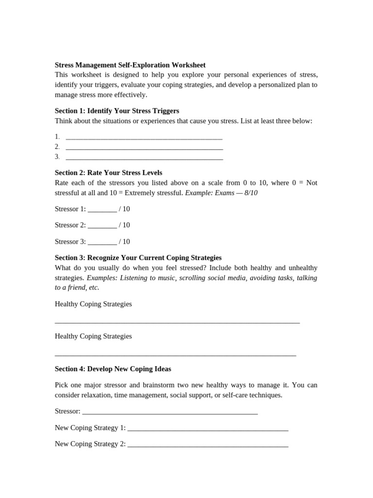 StressManagment Self Exploration Worksheet | PDF
