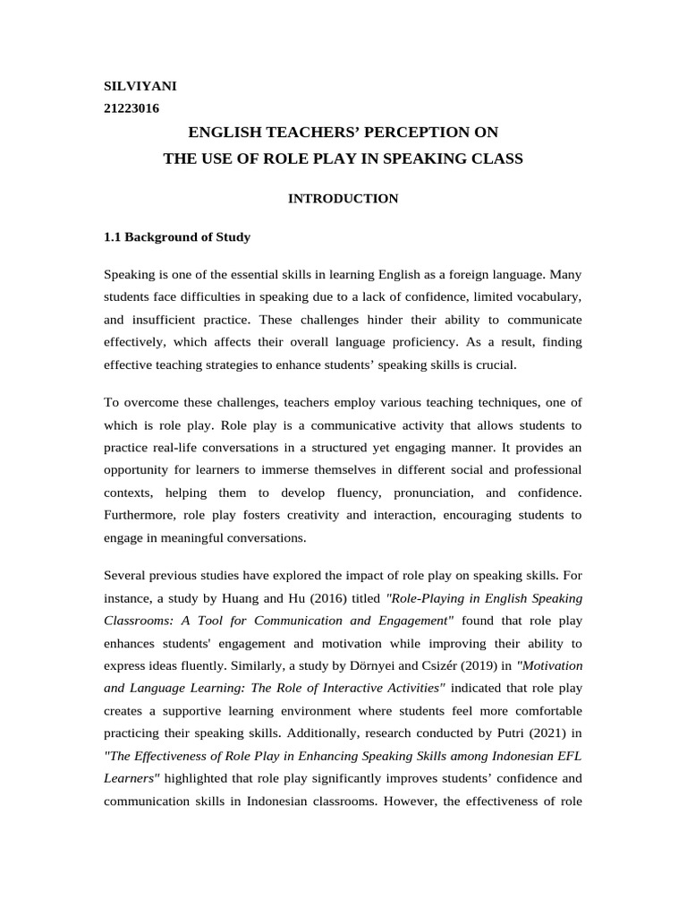 Teachers' Views on Role Play in Speaking | PDF | English As A Second Or ...