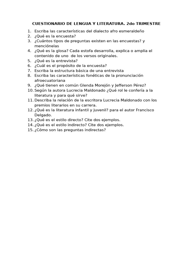 Cuestionario de Lengua y Literatura 2do Trimeste | PDF