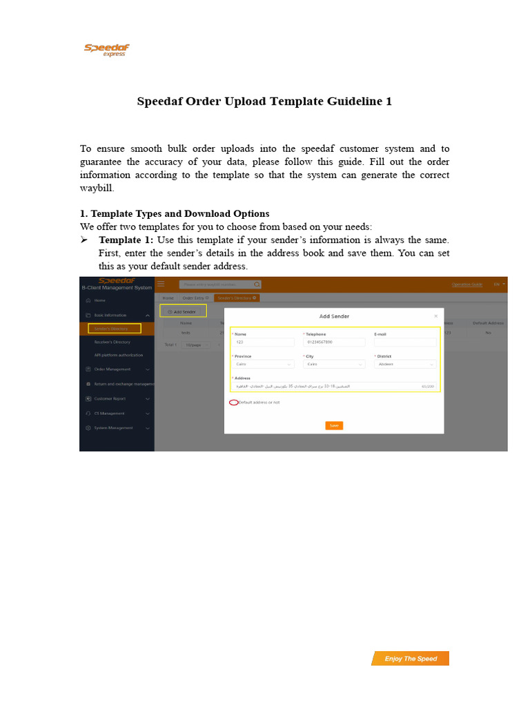 Speedaf Order Upload Template Guideline 1 | PDF